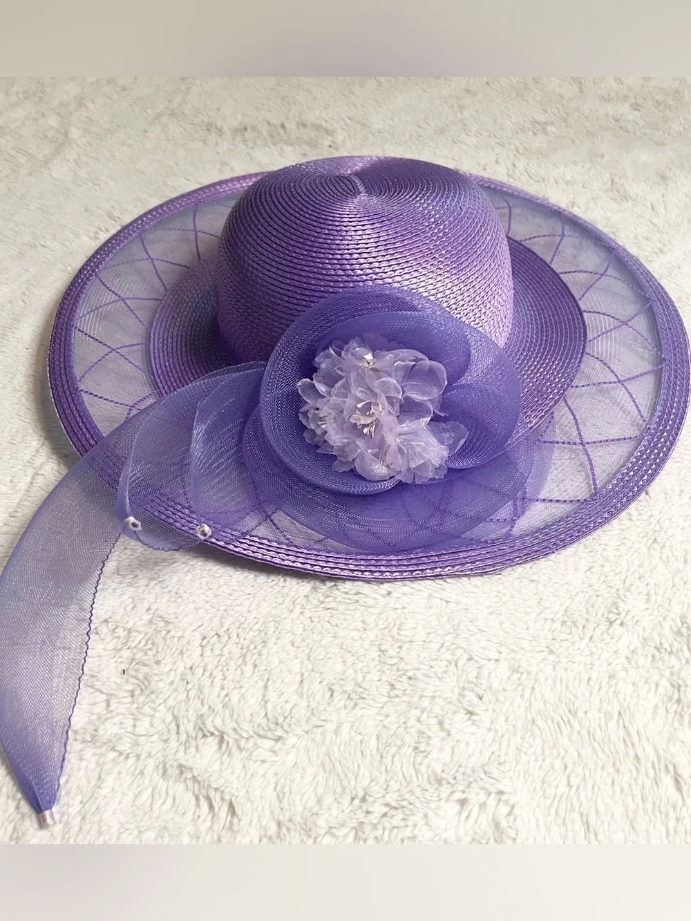 Vintage Lord & Taylor Lavender Purple Wide Brim Floral Fascinator Derby Hat